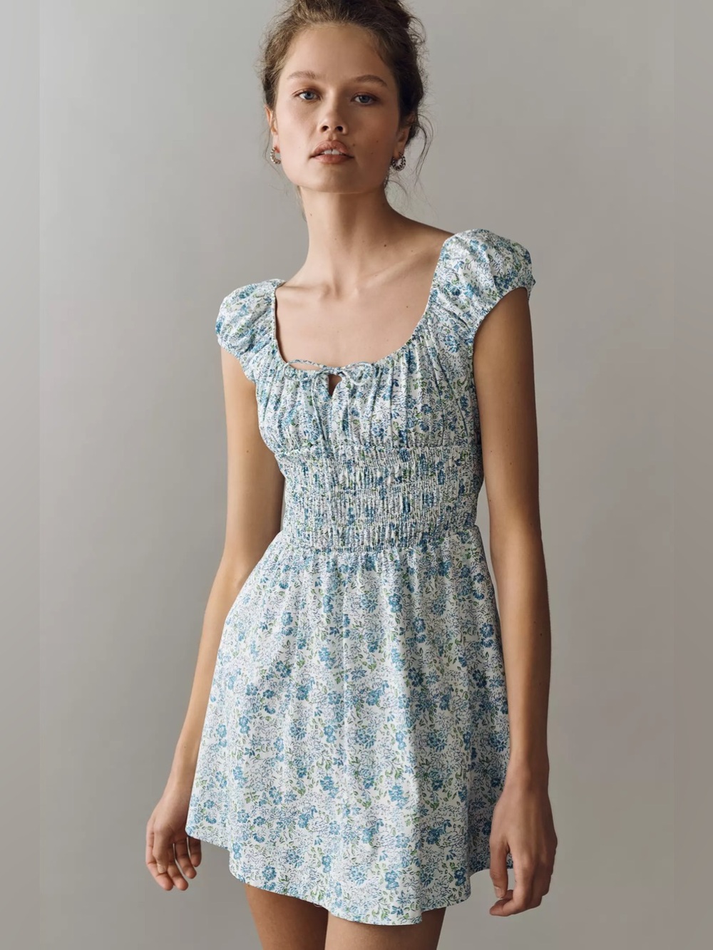 NWT By Anthropologie Cotton Smocked Mini Dress in Blue Floral Patte Cottage